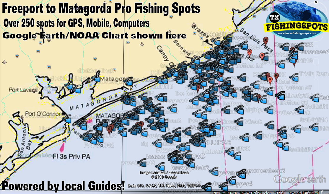 Freeport to Matagorda Texas Fishing Map with Oil Rigs