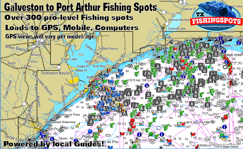 F102 Boat Fishing Map of Galveston Bay Area