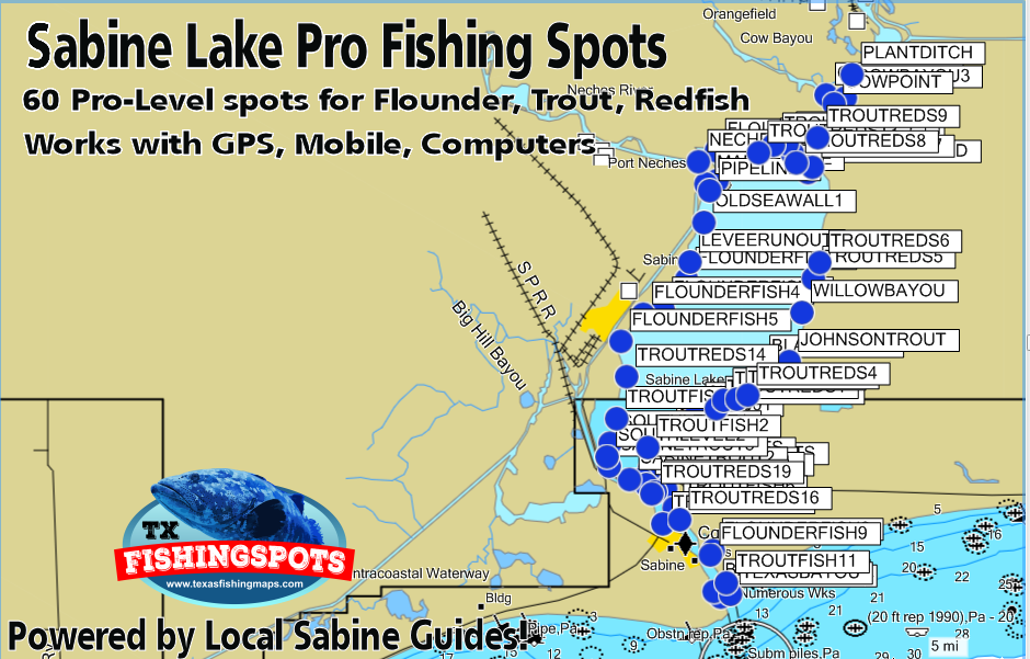 Sabine Lake Fishing Map Sabine Lake Inshore Fishing Spots   Texas Fishing Spots Maps for GPS